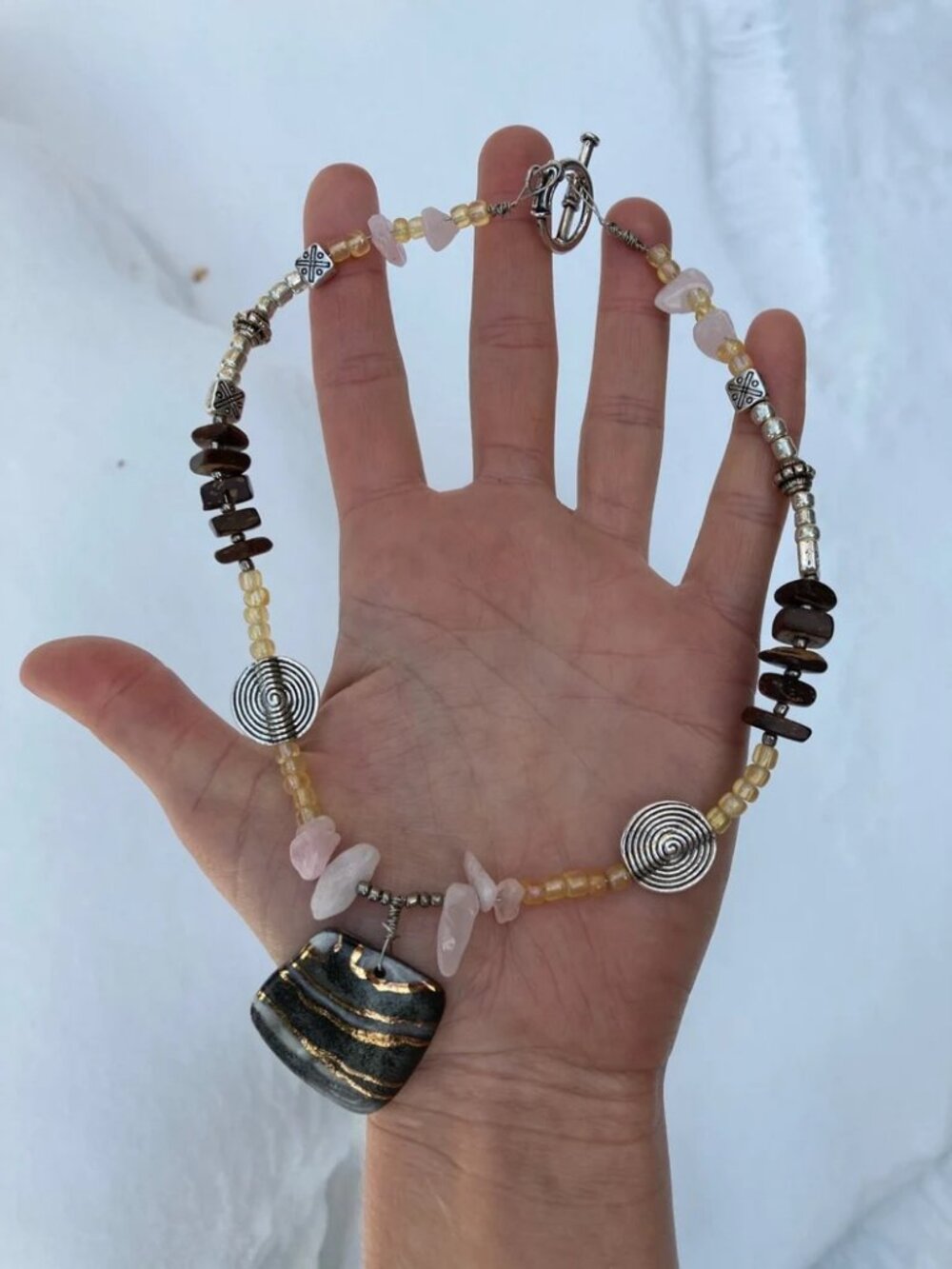 Ceramic Pendant Choker, Unique Artisan Jewelry, Marbled Stone Necklace w/ Beads